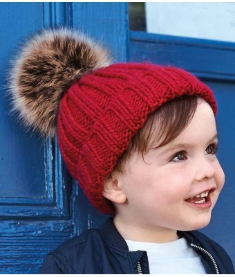 Beechfield Infant Faux Fur Pom Pom Chunky Beanie